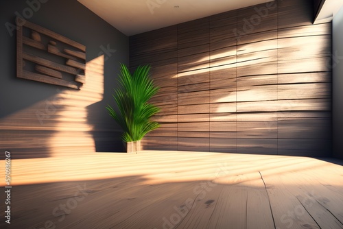 Empty old wooden plank wall 3d rendering, It has concrete floor, Behide floor is a tropical garden, sunlight shine into the room - generative ai