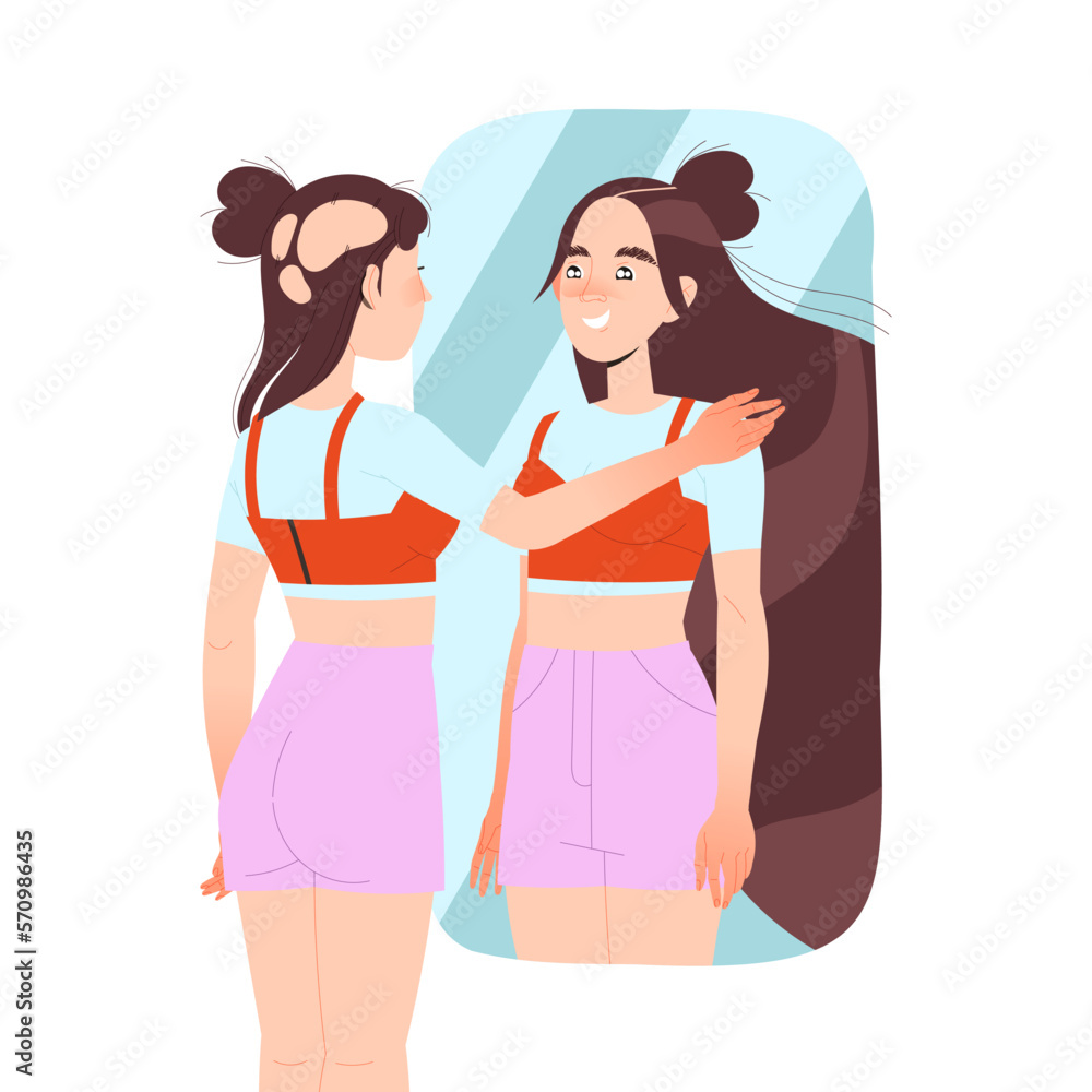 Obraz premium Woman with Bald Spots on Head Losing Her Hair Suffer from Alopecia or Baldness Vector Illustration