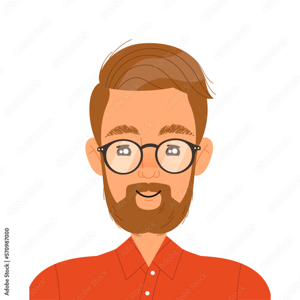 Bearded Man Head in Glasses Smiling Front View Vector Illustration