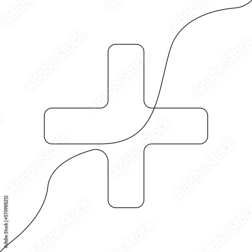 Plus icon line continuous drawing vector. One line plus icon vector background. Plus icon. Continuous outline of a Cross icon.