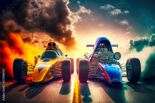 two racing cars at drag racing start preparing to race, generative ai