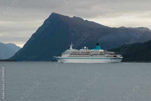 tourist ship sails into a fjord with mountains