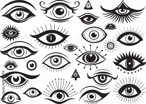 set of eyes, clairvoyance, mystical design silhouette isolated, icon, vector