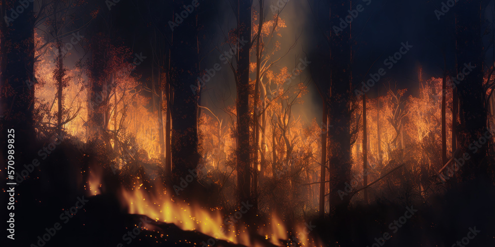 Wildfire, burning trees at night, Generative AI Wildfire, burning trees at night, Generative AI