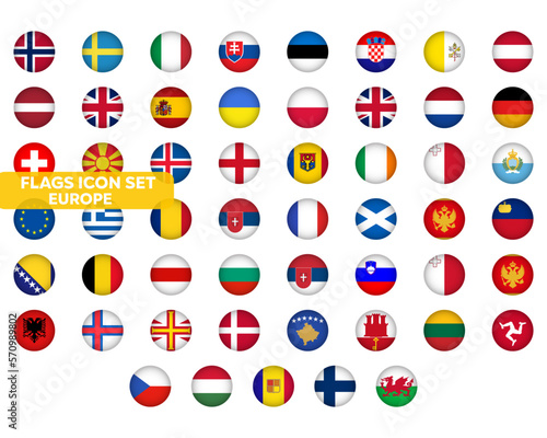 Europe Flag Icons Set. European Countries Circled Flags - Ukraine, UK, Germany and other. Stock Vector Graphics Element. 52 symbols