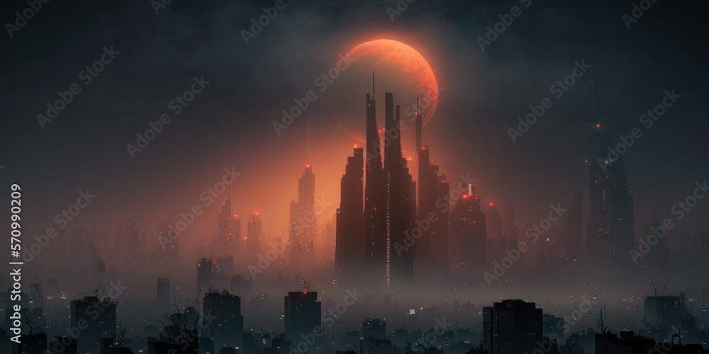 Dark futuristic city, blood moon, sci-fi illustration, Generative AI