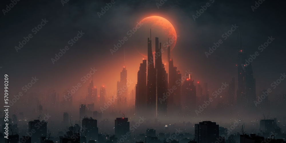 Obraz premium Dark futuristic city, blood moon, sci-fi illustration, Generative AI