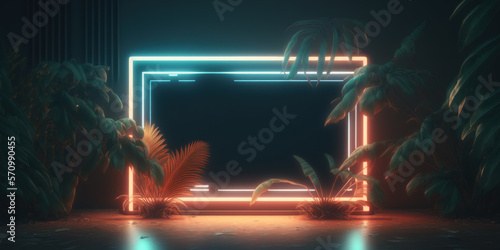 Tropical leaves background, glowing neon frame in the center, Generative AI