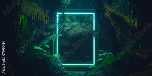 Lush tropical leaves background, neon frame in the center, Generative AI