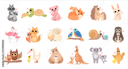 Cute mom and baby animal couples set. Raccoon, snail, owl, kangaroo, sheep, turtle, koala families cartoon vector illustration