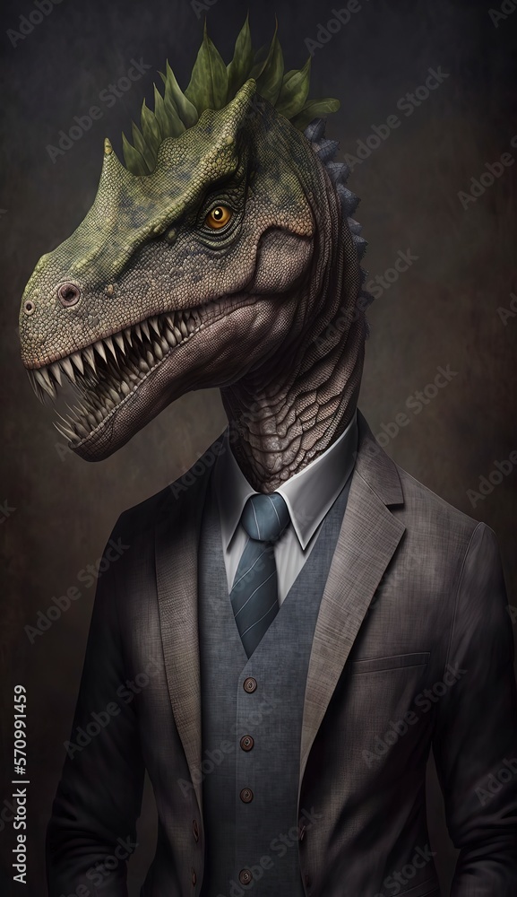Portrait of a Dinosaur in a Business Suit, Ready for Action. GENERATED AI.