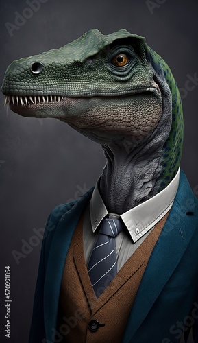 Portrait of a Dinosaur in a Business Suit  Ready for Action. GENERATED AI.