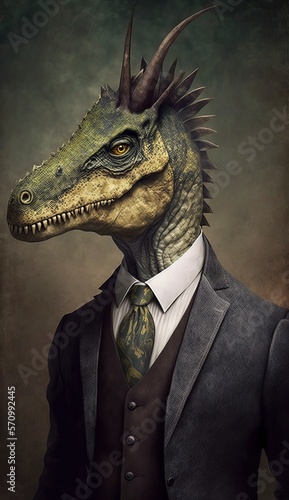 Portrait of a Dinosaur in a Business Suit, Ready for Action. GENERATED AI.