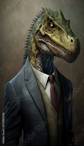 Portrait of a Dinosaur in a Business Suit, Ready for Action. GENERATED AI. © AI Indigo