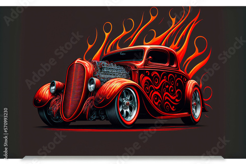 Print op canvas red vintage hot rod with bright ornament on grill and exhaust pipe, generative a