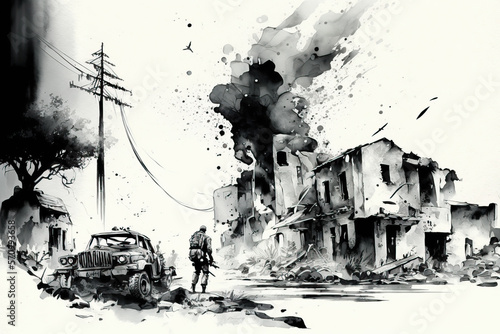 Watercolor war black and white illustration, urban war zone, civil unrest disturbance concept illustration, genereative ai