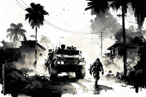 Watercolor war black and white illustration, urban war zone, civil unrest disturbance concept illustration, genereative ai