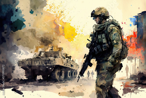 Watercolor war illustration, urban war zone, civil unrest disturbance concept illustration, genereative ai