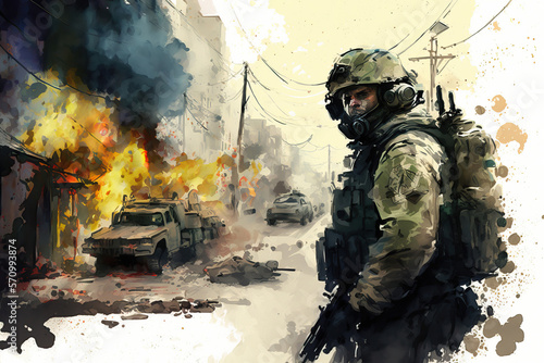 Watercolor war illustration, urban war zone, civil unrest disturbance concept illustration, genereative ai