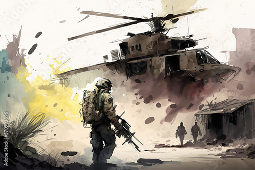 Watercolor war illustration, urban war zone, civil unrest disturbance concept illustration, genereative ai