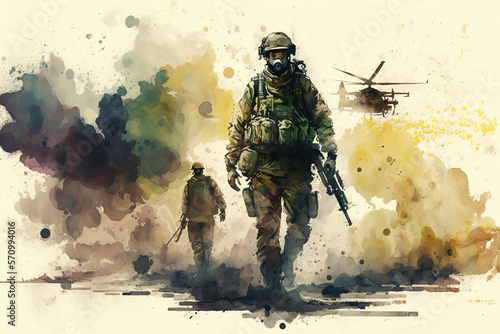 Watercolor war illustration, urban war zone, civil unrest disturbance concept illustration, genereative ai