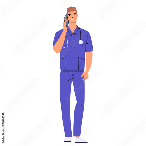 Young male nurse is talking on a mobile phone. Doctor with stethoscope and wearing scrubs. Call, phone consultation. The character is isolated on a white background. Flat vector.