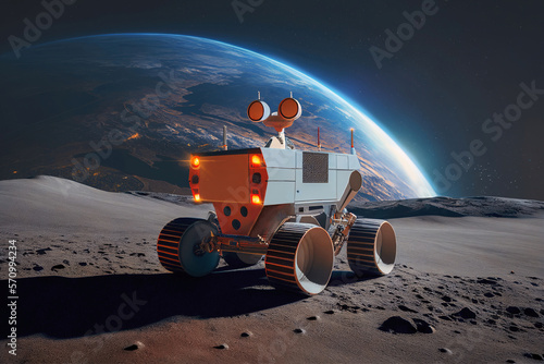Lunar car on the Moon with the Earth in the background. Generative AI