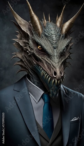 Portrait of a Fantastic Dragon in a Business Suit, Ready for Action. GENERATED AI. © AI Indigo