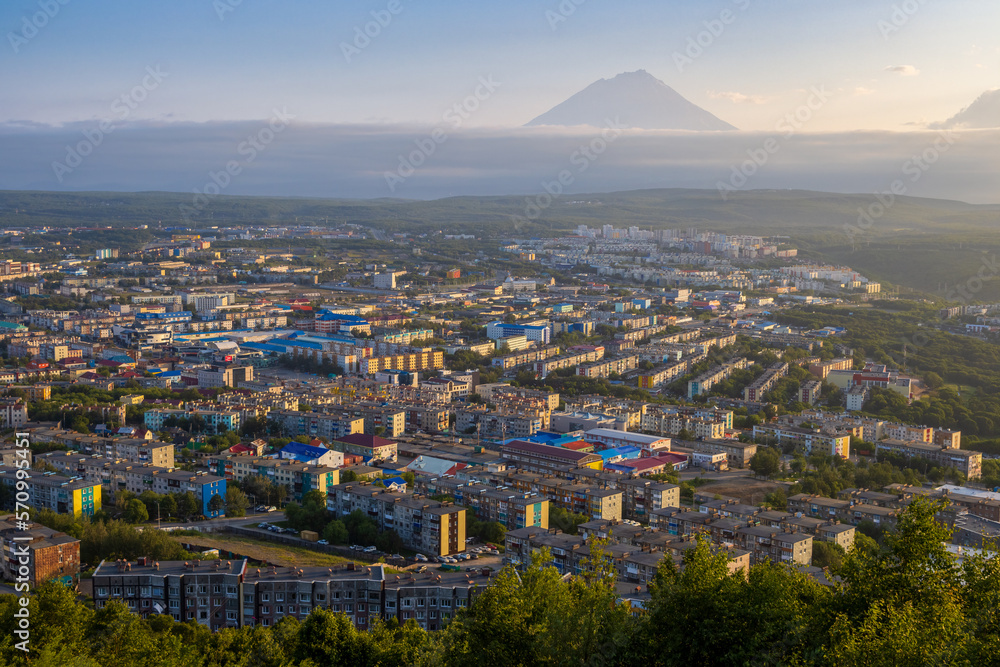 Morning cityscape. Top view of the buildings and streets of the city