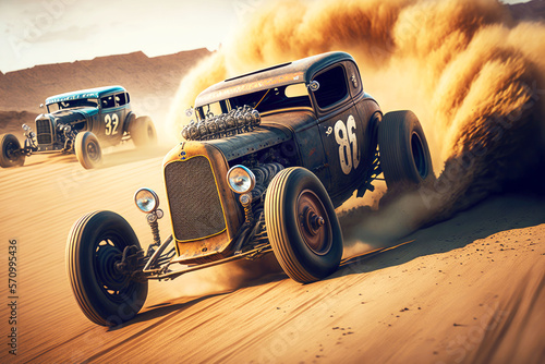 hot rods racing on sandy track in desert, generative ai photo