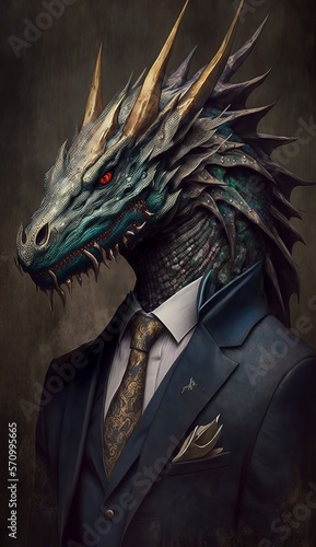 Portrait of a Fantastic Dragon in a Business Suit, Ready for Action. GENERATED AI. photo