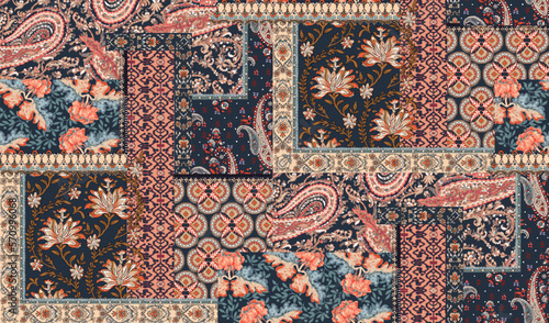patchwork floral pattern with paisley and indian flower motifs. damask style pattern for textil and decoration