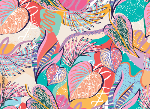 Seamless pattern of a tropical artwork, with multicolored hand drawn elements and funny background. Monstera pattern perfect for fashion and decoration