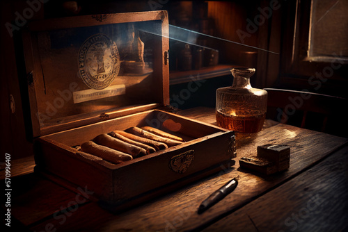 Box of cuban cigars on wooden table, atmospheric light. Generative AI photo