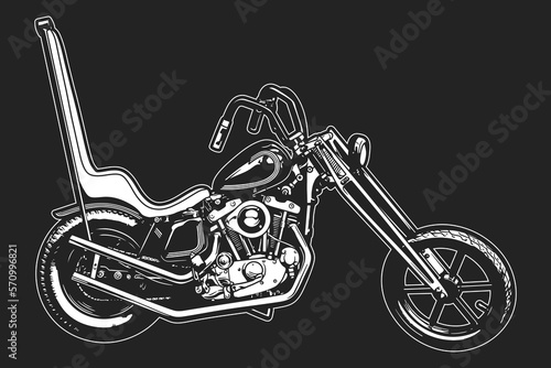 Chopper Motorcycle, Motor Vehicle Transport, Side View Vector Line art on black background