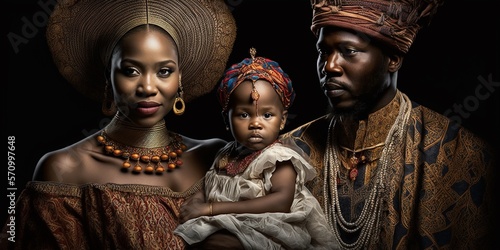 Königliche afroamerikanische Familie, Vater, Mutter, Kind im Portrait, ai generativ