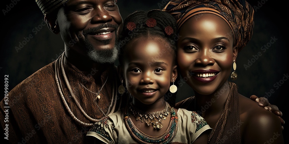 Glückliche afroamerikanische Familie, Vater, Mutter, Kind im Portrait, ai generativ Glückliche afroamerikanische Familie, Vater, Mutter, Kind im Portrait, ai generativ