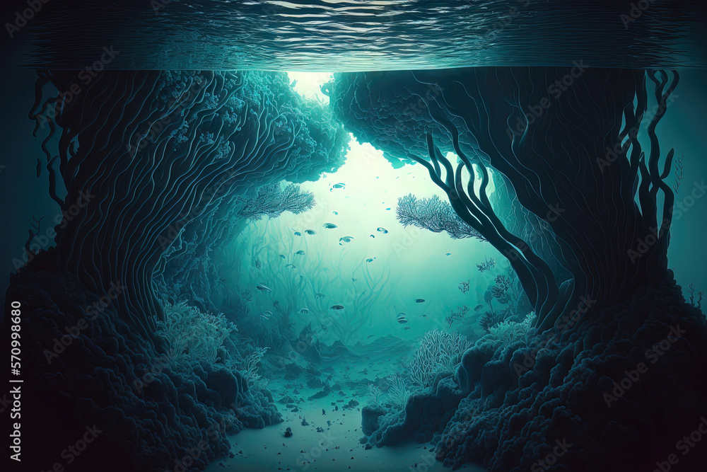Underwater deep-sea gorge. Underwater deep ocean world, light on the sea depth. Undersea world. AI