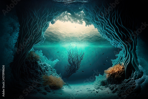 Underwater deep-sea gorge. Underwater deep ocean world, light on the sea depth. Undersea world. AI