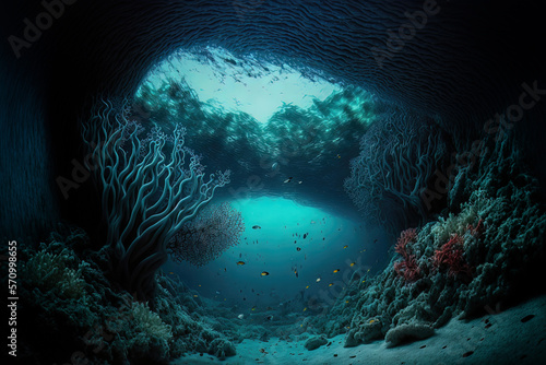 Underwater deep-sea gorge. Underwater deep ocean world, light on the sea depth. Undersea world. AI