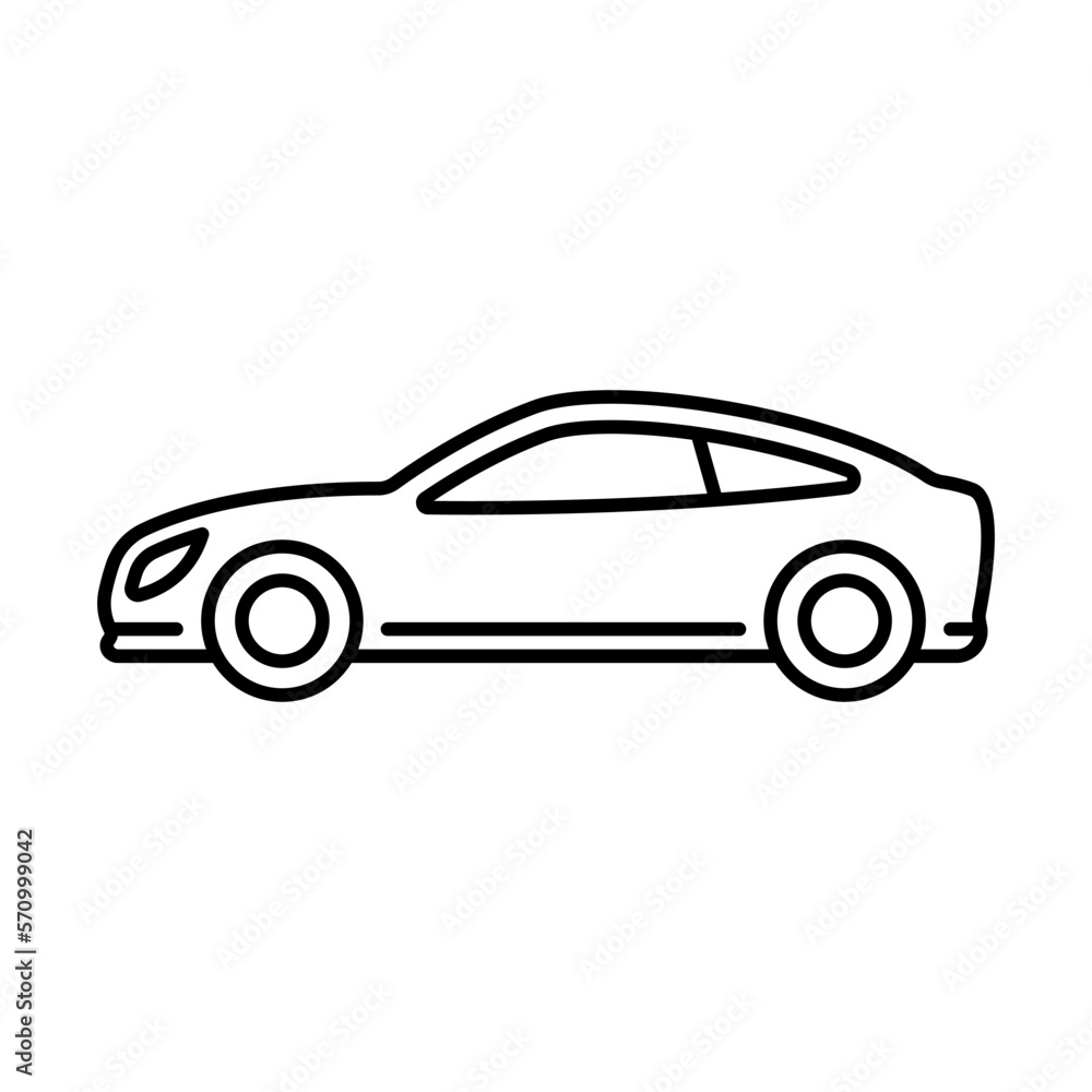 Car icon. Sports racing vehicles. Black contour linear silhouette. Side view. Editable strokes. Vector simple flat graphic illustration. Isolated object on a white background. Isolate.