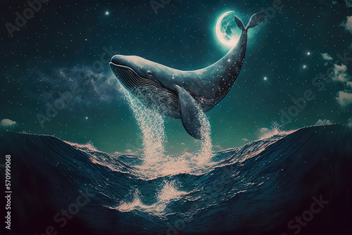 Lonely whale in the waves of the ocean. A huge tail of a whale against the background of a large moon, a night seascape with a whale. AI