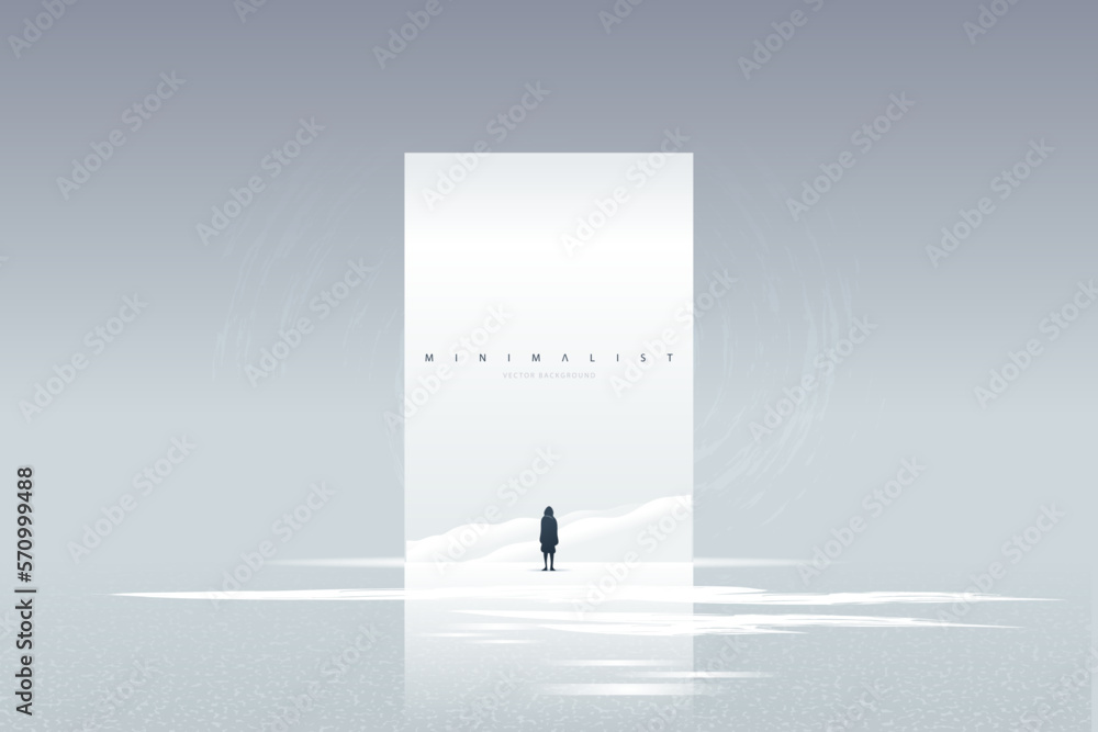 Minimal futuristic landscape. Mountain background with a lonely figure