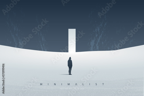 Minimal futuristic landscape. Mountain background with a lonely figure in front of the portal. Sci-Fi poster. Abstract art wallpaper for web, prints, art decoration and applications. Vector