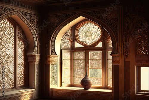 Eastern architectural window, Arabic palace interior. AI