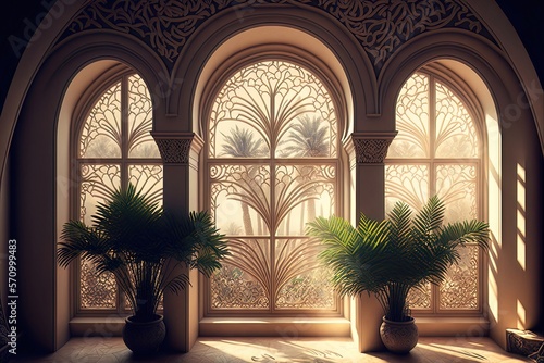 Eastern architectural window, Arabic palace interior. AI