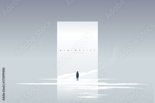 Minimal futuristic landscape. Mountain background with a lonely figure in front of the portal. Sci-Fi poster. Abstract art wallpaper for web, prints, art decoration and applications. Vector