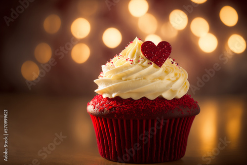 red velvet cupcake isolated over a bokeh lights background, cute romantic dessert concept created with generative AI