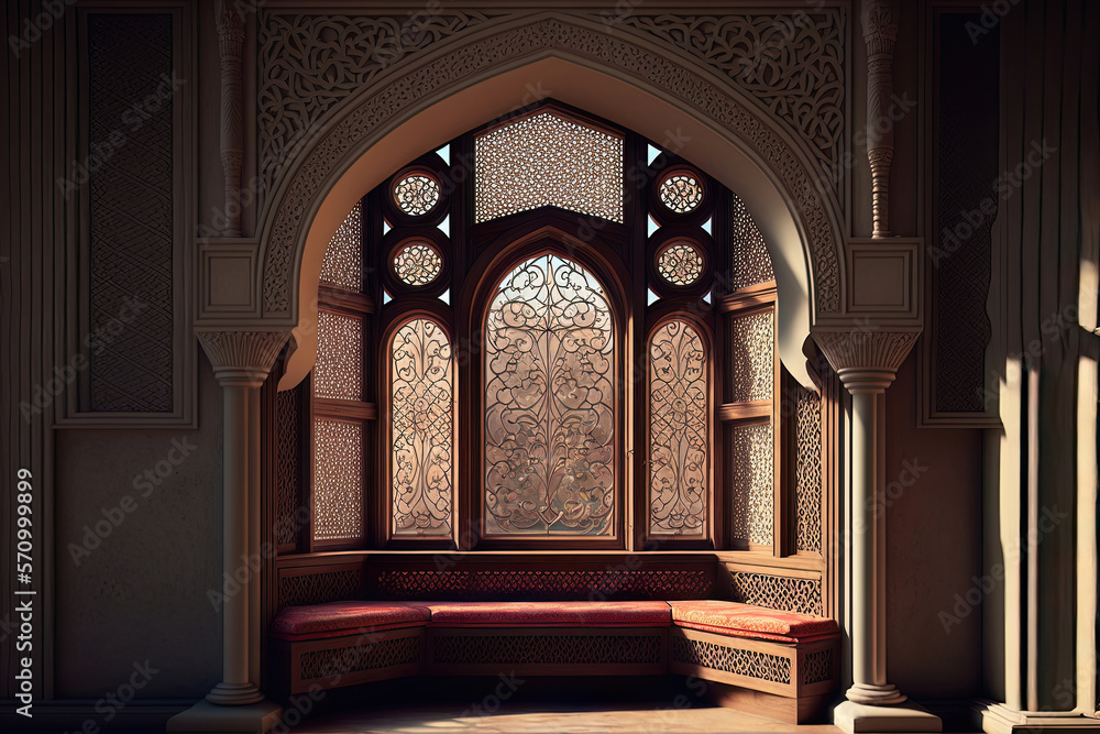 Eastern architectural window, Arabic palace interior. AI