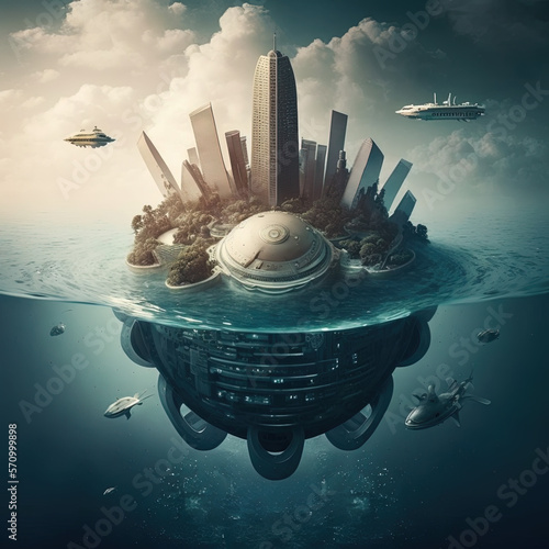 Floating city from the future, AI generated photo